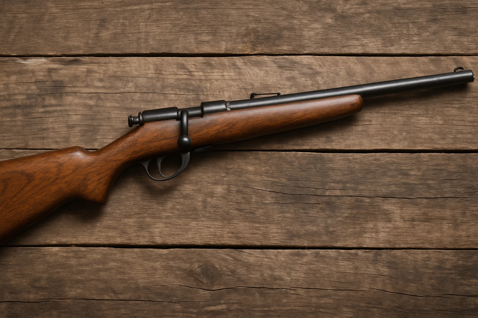 Rifle 22 antigo clássico em madeira sobre mesa rústica